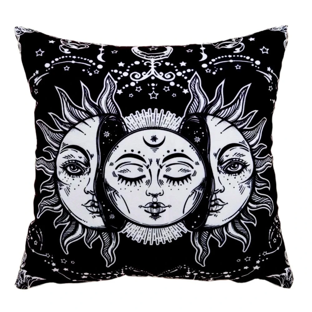 Pillow Cover Sun Moon Celestial Mystical Zippered Large Black White 17.7 in